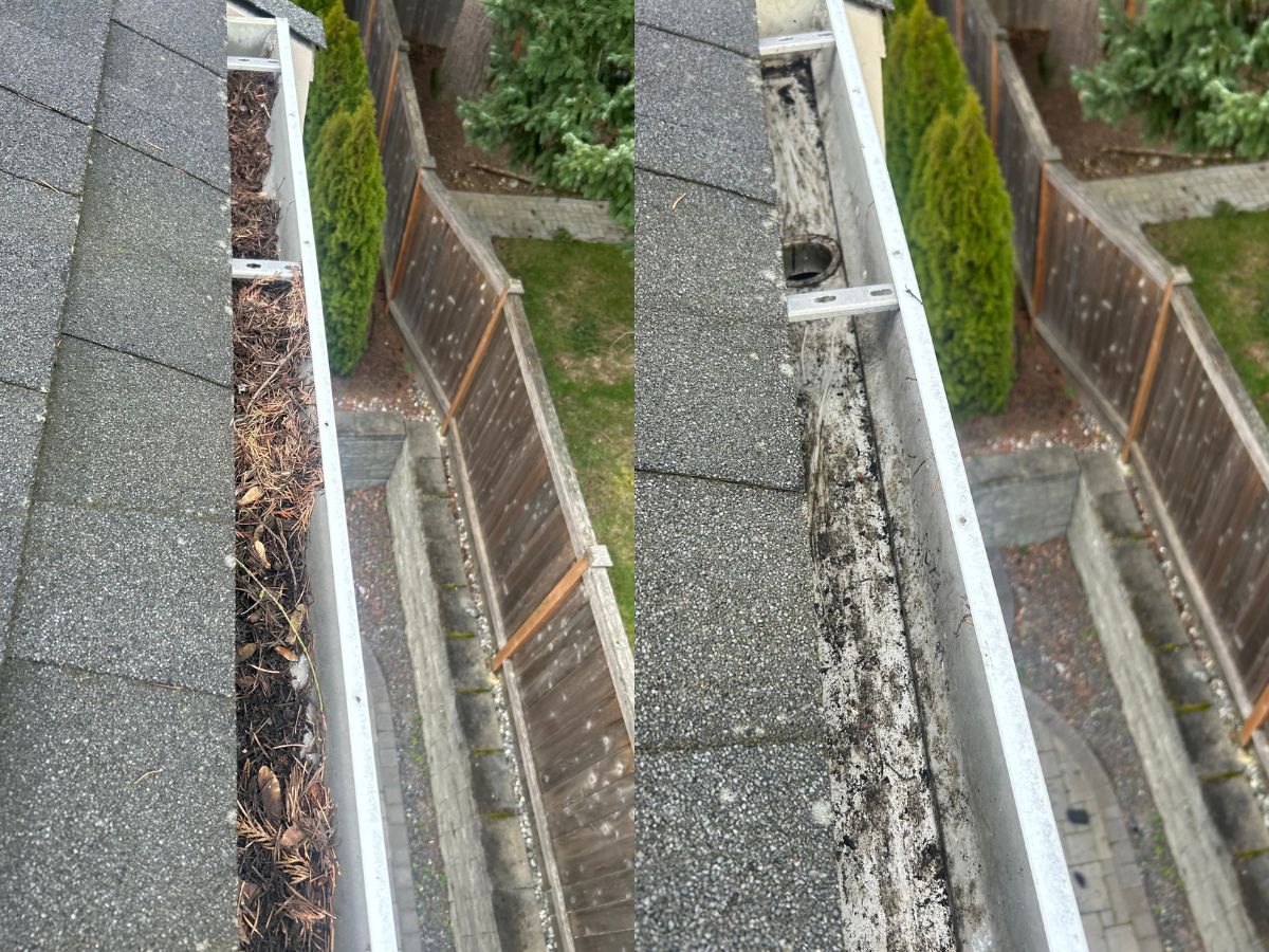 Gutter before and after cleaning with debris cleared from the trough