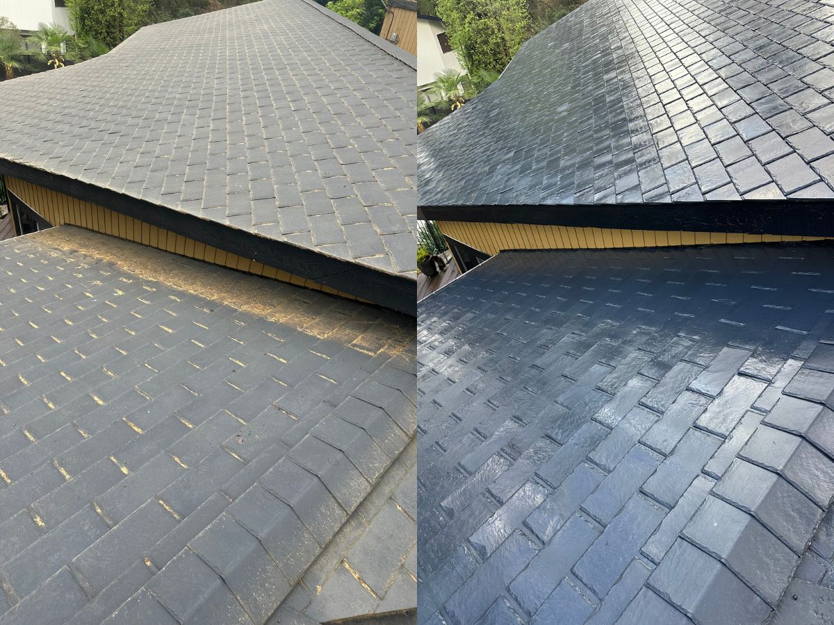 Composite roof before and after cleaning