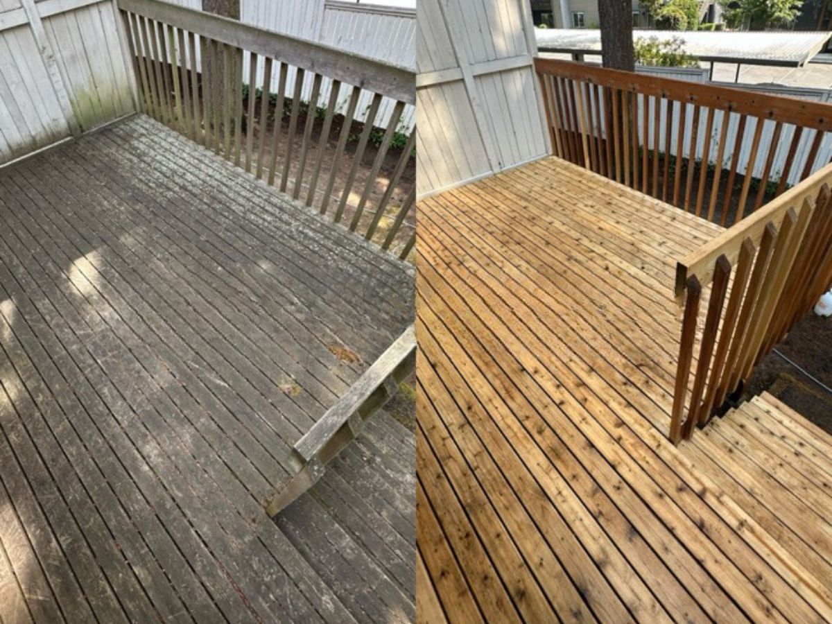 Wood deck before and after restoration cleaning