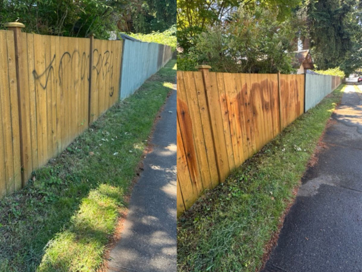 Wood fence graffiti removal before and after